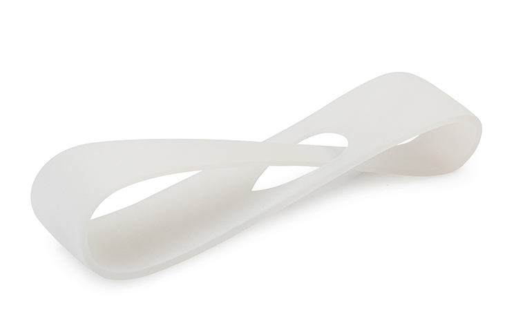 An opaque white 3D-printed loop made with Poly 1500 using stereolithography, with a normal finish.