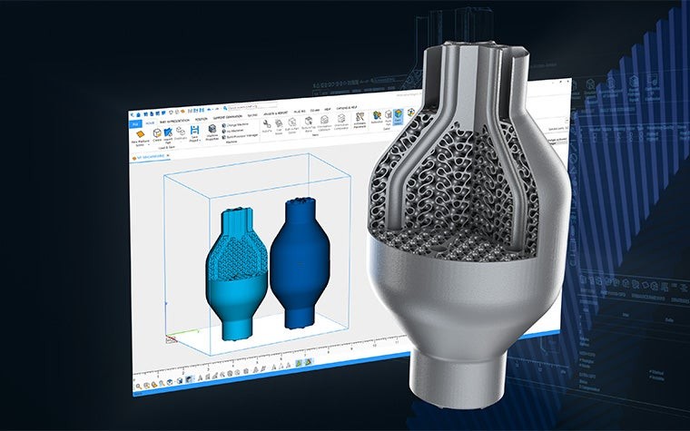 Screenshot of Magics 29 with a render of the 3D-printed part in front of the screen