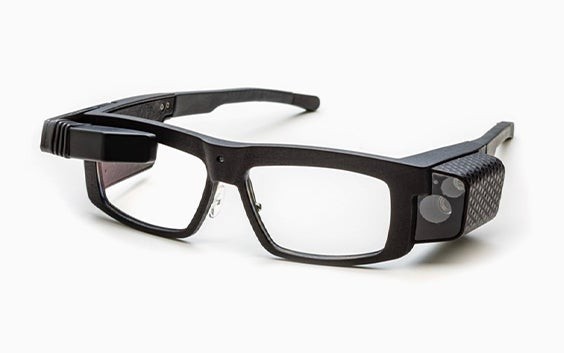 Black smart safety glasses by Iristick on a white background