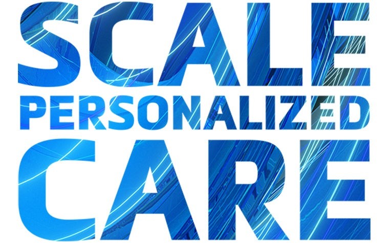 Text saying "Scale personalized care" with blue swirls within the letters