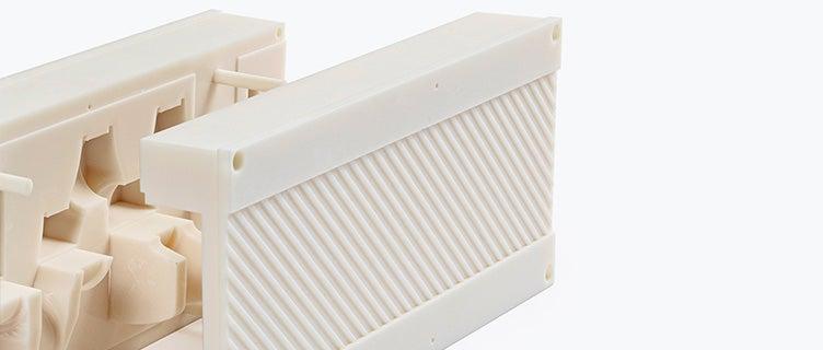 Close-up view of various components of a mold made with sterelithography for injection molding