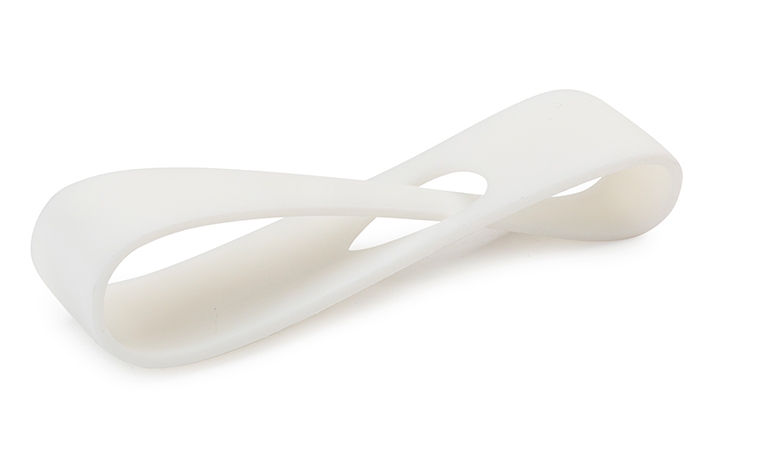 A white 3D-printed loop, made with perFORM using stereolithography, finished by removing all support marks.