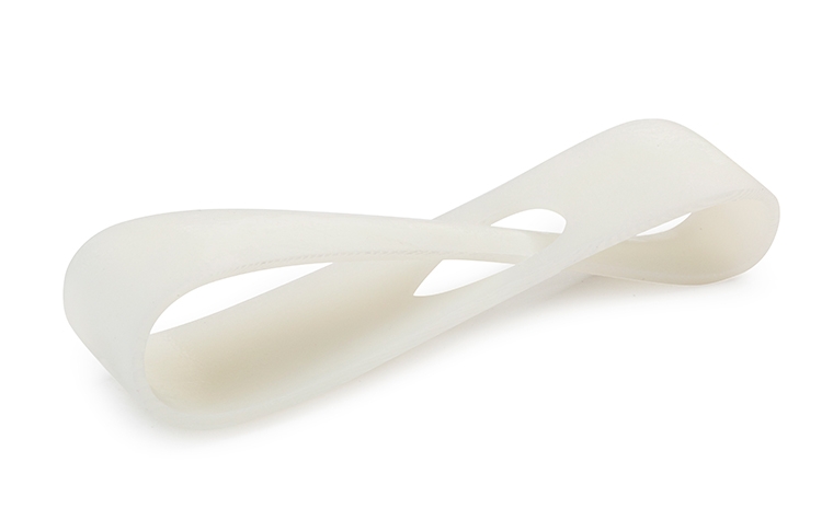 A 3D-printed loop made with ProtoGen White using stereolithography, finished by removing all support marks.