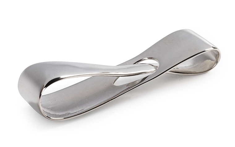 A silver infinity loop made with lost-wax casting and a hand-polished finish.