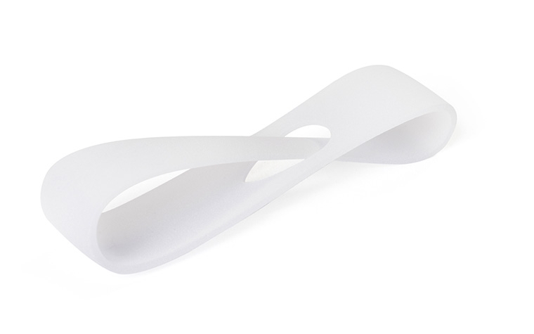 A 3D-printed loop made with VersaClear using stereolithography. It has been sandblasted and had its support marks removed.